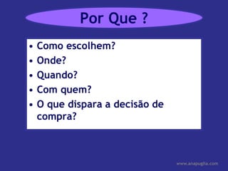 Por Que ?Como escolhem?Onde?Quando?Com quem?O que dispara a decisão de compra?