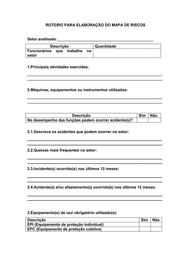 Roteiro para elaboração do mapa de riscos | PDF