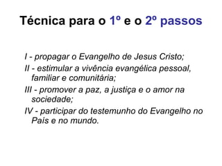 Técnica para o  1º  e o  2º passos I - propagar o Evangelho de Jesus Cristo; II - estimular a vivência evangélica pessoal, familiar e comunitária; III - promover a paz, a justiça e o amor na sociedade; IV - participar do testemunho do Evangelho no País e no mundo. 