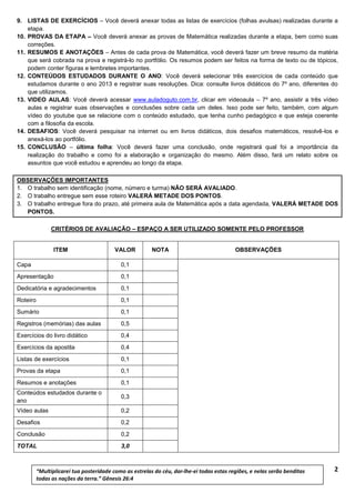 9. LISTAS DE EXERCÍCIOS – Você deverá anexar todas as listas de exercícios (folhas avulsas) realizadas durante a
etapa.
10. PROVAS DA ETAPA – Você deverá anexar as provas de Matemática realizadas durante a etapa, bem como suas
correções.
11. RESUMOS E ANOTAÇÕES – Antes de cada prova de Matemática, você deverá fazer um breve resumo da matéria
que será cobrada na prova e registrá-lo no portfólio. Os resumos podem ser feitos na forma de texto ou de tópicos,
podem conter figuras e lembretes importantes.
12. CONTEÚDOS ESTUDADOS DURANTE O ANO: Você deverá selecionar três exercícios de cada conteúdo que
estudamos durante o ano 2013 e registrar suas resoluções. Dica: consulte livros didáticos do 7º ano, diferentes do
que utilizamos.
13. VIDEO AULAS: Você deverá acessar www.auladoguto.com.br, clicar em videoaula – 7º ano, assistir a três vídeo
aulas e registrar suas observações e conclusões sobre cada um deles. Isso pode ser feito, também, com algum
vídeo do youtube que se relacione com o conteúdo estudado, que tenha cunho pedagógico e que esteja coerente
com a filosofia da escola.
14. DESAFIOS: Você deverá pesquisar na internet ou em livros didáticos, dois desafios matemáticos, resolvê-los e
anexá-los ao portfólio.
15. CONCLUSÃO – última folha: Você deverá fazer uma conclusão, onde registrará qual foi a importância da
realização do trabalho e como foi a elaboração e organização do mesmo. Além disso, fará um relato sobre os
assuntos que você estudou e aprendeu ao longo da etapa.
OBSERVAÇÕES IMPORTANTES
1. O trabalho sem identificação (nome, número e turma) NÃO SERÁ AVALIADO.
2. O trabalho entregue sem esse roteiro VALERÁ METADE DOS PONTOS.
3. O trabalho entregue fora do prazo, até primeira aula de Matemática após a data agendada, VALERÁ METADE DOS
PONTOS.
CRITÉRIOS DE AVALIAÇÃO – ESPAÇO A SER UTILIZADO SOMENTE PELO PROFESSOR

ITEM

VALOR

Capa

0,1

Dedicatória e agradecimentos

0,1

Roteiro

0,1

Sumário

0,1

Registros (memórias) das aulas

0,5

Exercícios do livro didático

0,4

Exercícios da apostila

0,4

Listas de exercícios

0,1

Provas da etapa

0,1

Resumos e anotações

0,1

Conteúdos estudados durante o
ano

0,3

Vídeo aulas

0,2

Desafios

0,2

Conclusão

0,2

TOTAL

OBSERVAÇÕES

0,1

Apresentação

NOTA

3,0

“Multiplicarei tua posteridade como as estrelas do céu, dar-lhe-ei todas estas regiões, e nelas serão benditas
todas as nações da terra.” Gênesis 26:4

2

 