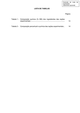LISTA DE TABELAS
Página
Tabela 1 - Composição química (% MS) dos ingredientes das rações
experimentais ........................................................................... 13
Tabela 2 - Composição percentual e química das rações experimentais.. 14
Exemplo de Lista de
ilustrações
(Elemento opcional)
 