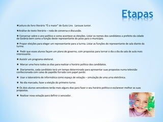 ★Leitura do livro literário “É o maior” de Guto Lins Larouse Junior.
★Análise do texto literário – roda de conversa e discussão.
★ Conversar sobre o ano político e como acontece as eleições. Listar os nomes dos candidatos a prefeito da cidade
de Goiânia bem como a função deste representante do povo para o município.
★ Propor eleições para eleger um representante para a turma. Listar as funções do representante de sala diante da
turma.
★ Pedir que esses alunos façam um plano de governo, com propostas para tornar o dia a dia da sala de aula mais
interessante.
★ Assistir um programa eleitoral.
★ Marcar uma hora todos os dias para realizar o horário político dos candidatos.
★ Diariamente, cada candidato terá um tempo determinado para apresentar suas propostas numa televisão
confeccionada com caixa de papelão forrada com papel pardo.
★ Usar o laboratório de informática como espaço de votação – simulação de uma urna eletrônica.
★ No dia marcado, fazer a eleição do primeiro turno.
★ Os dois alunos vencedores terão mais alguns dias para fazer o seu horário político e esclarecer melhor as suas
propostas.
★ Realizar nova votação para definir o vencedor.
 