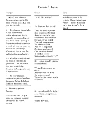 Proposta 3 - Poema

Imagem                          Texto                           Som

1 - Casal sentado num           1 – ela diz: acabou!            1-5 - Instrumental da
banquinho de praça. Ela                                         música “Estranho Jeito de
fala, levanta e sai. Ele fica                                   Amar” – Sandy & Júnior
um pouco mais.                  2 – discurso dele em off:       ou “Amor Maior” – Jota
                                                                Quest
2 – Ele olha pro banquinho      “Não sei como explicar,
e vê o nome deles               mas tenho que te dizer
rabiscado dentro de um          fiz de você minha vida
coração, sai andando pela       e sem você não sei viver
rua, todo triste, passa por     Será que é tão difícil
                                Pra você compreender
lugares que freqüentavam
                                Eu só sei te amar
e se vê ali com ela como se     Não sei te esquecer
fosse uma lembrança.            Será que você não vê
Chega em casa e vê a foto       Que eu gosto de você
deles juntos na cabeceira.      E que fico louco
                                Quando não posso te ver?”
3 – Atende o telefone e sai
de novo, a encontra na          3/4 – ainda em off, quando
pracinha. Eles se olham,        se encontram:
um pouco sem jeito.
Sentam no banquinho com         “Teus olhos querem me
                                contar
o nome deles.
                                Algo que não sei dizer
4 – Os dois tiram ao            Eu acho que você
                                Também não consegue me
mesmo tempo um bombom
                                esquecer”
Sonho de Valsa do bolso e
sorriem da coincidência.
                                Sonho de Valsa.
5 - Fica tudo preto e
branco.                         5 – narrador off: Ser feliz é
                                acreditar na simplicidade
Assinatura com cor por
                                do amor.
cima da imagem do casal
abraçados no banco,             Sonho de Valsa.
felizes.
 
