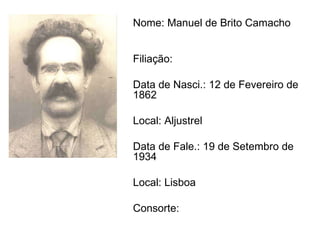 Nome: Manuel de Brito Camacho  Filiação:  Data de Nasci.: 12 de Fevereiro de 1862 Local: Aljustrel Data de Fale.: 19 de Setembro de 1934  Local: Lisboa  Consorte: 