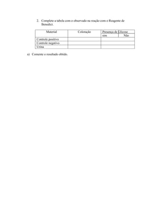 2. Complete a tabela com o observado na reação com o Reagente de
Benedict.
Material Coloração Presença de Glicose
sim Não
Controle positivo
Controle negativo
Urina
a) Comente o resultado obtido.
 