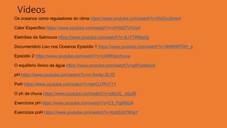 Vídeos
Os oceanos como reguladores do clima https://www.youtube.com/watch?v=IIVi2vu3mw4
Calor Específico https://www.youtube.com/watch?v=nfVkQ7VVUx4
Eletrólise da Salmoura https://www.youtube.com/watch?v=ILiYTIN6w5g
Documentário Lixo nos Oceanos Episódio 1 https://www.youtube.com/watch?v=3b9W9f7GH_o
Episódio 2 https://www.youtube.com/watch?v=U46R0pUhuxw
O equilíbrio iônico da água https://www.youtube.com/watch?v=pIPoybIkzvk
pH https://www.youtube.com/watch?v=m-0mAp-ZLYE
PoH https://www.youtube.com/watch?v=iphCJ7PxT1Y
O ph da chuva https://www.youtube.com/watch?v=p8U2L_nGuf8
Exercícios pH https://www.youtube.com/watch?v=C3_PgbfGlJ4
Exercícios poH https://www.youtube.com/watch?v=KcbEdd79HpY
 