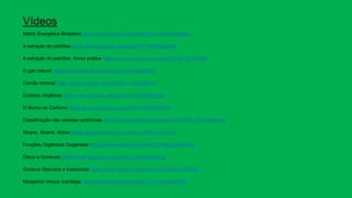 Vídeos
Matriz Energética Brasileira https://www.youtube.com/watch?v=US2kDBH64gU
A extração do petróleo https://www.youtube.com/watch?v=18HImgQ4Ixo
A extração do petróleo, forma prática https://www.youtube.com/watch?v=3K-ZqYtMu6U
O gás natural https://www.youtube.com/watch?v=TnhcxI9Jd6Q
Carvão mineral https://www.youtube.com/watch?v=YQhtullxYFI
Química Orgânica https://www.youtube.com/watch?v=hAqXIrTZIy0
O átomo de Carbono https://www.youtube.com/watch?v=vfnrKEt2ML0
Classificação das cadeias carbônicas https://www.youtube.com/watch?v=KKFR_YQ1pH8&t=2s
Alcano, Alceno, Alcino https://www.youtube.com/watch?v=7fOQ-Ycea2U
Funções Orgânicas Oxigenada https://www.youtube.com/watch?v=83yLiBEv4mM
Óleos e Gorduras https://www.youtube.com/watch?v=lutKqHgB3Og
Gordura Saturada e Insaturada https://www.youtube.com/watch?v=KGEnUXYaZBg
Margarina versus manteiga https://www.youtube.com/watch?v=2q04vkq0B9M
 