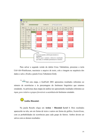 14
Para salvar a segunda versão da tabela Cross Tabulattion, pressione a tecla
Ctrl+Alt+PrintScreen, maximize o arquivo de texto, cole a imagem na sequência dos
dados e salve. (Feche a janela Cross Tabulation Grid).
Até esta etapa, o GodVarb 2001 apresentou resultados referentes ao
número de ocorrências e às percentagens do fenômeno linguístico que estamos
estudando. As próximas duas etapas de análise nos apresentarão resultados referentes ao
input, peso relativo e grupos favoráveis a ocorrência do fenômeno estudado.
Análise Binomial:
Na janela Results clique em Action > Binomial Level 1. Dois resultados
aparecerão na tela, um em forma de texto e outros em forma de gráfico, ScatterGram,
com as probabilidades de ocorrências para cada grupo de fatores. Ambos devem ser
salvos com os demais resultados:
Uma nova janela se abrirá para mostrar os
resultados.
Observe que é somente a forma de visualização
que muda, os resultados permanecem os mesmos.
 