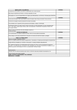 MANIPULADOR DE ALIMENTOS CRITÉRIO
Corretamente unif ormizados, sem adornos e aparentando bom asseio pessoal
Não ef etuam recebimento de dinheiro ou demais operações de caixa
Participação em Curso de Noções Básicas de Higiene para Manipuladores de Alimentos ministrado pela S/SUBVISA
FLUXO DE PRODUÇÃO CRITÉRIO
Locais para pré-preparo (área suja) isolados da área de preparo (área limpa) por barreira f ísica ou técnica
Controle da circulação e acesso de pessoal nas áreas de produção
Fluxo ordenado sem cruzamento entre processos de pré-preparo, preparo e distribuição
Os alimentos proteicos de origem animal a serem consumidos crus são manipulados em área climatizada entre
12ºC e 18ºC (doze e dezoito graus Celsius), além de armazenados e distribuídos à temperatura inf erior a 5ºC
(cinco graus Celsius).
Restos e sobras de alimentos não são reutilizados durante os
ev entos de massa.
DESTINO DE RESÍDUOS CRITÉRIO
Lixo acondicionado em coletores dotados de tampa, dentro de sacos plásticos apropriados
Possui abrigo ou local para armazenamento temporário de resíduos dev idamente isolado e protegido
SAÚDE DO TRABALHADOR CRITÉRIO
Of erta liv re de água ref rigerada e potáv el
Área de circulação desobstruída seja por equipamentos, mercadorias ou f iações para alimentação de equipamentos
Fiações elétricas protegidas por conduites e interruptores / tomadas instaladas adequadamente
EPI- calçado de segurança com antiderrapante para as áreas com f ritura, Luv as e av ental para a lav agem de
utensílios, Luv as térmicas para o manuseio do f orno, Braçadeira para manuseio de alimentos na f ritadeira Luv a de
malha de aço para corte de peças de carne Luv a própria para manuseio de gelo
Conf orto térmico
Câmaras f rias com sistema de abertura pelo interior e of erta de roupa para proteção da exposição ao f rio
Tempo de pausa para jornada ampliada
NOME DO TÉCNICO RESPONSÁVEL PELA INSPEÇÃO:
ASSINATURA E CARIMBO
 