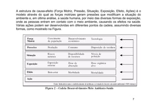 7
A estrutura de causa-efeito (Força Motriz, Pressão, Situação, Exposição, Efeito, Ações) é o
modelo através do qual as forças motrizes geram pressões que modificam a situação do
ambiente e, em última análise, a saúde humana, por meio das diversas formas de exposição,
onde as pessoas entram em contato com o meio ambiente, causando os efeitos na saúde.
Várias ações podem ser desenvolvidas em diferentes pontos da cadeia, assumindo diversas
formas, como mostrado na Figura.
 