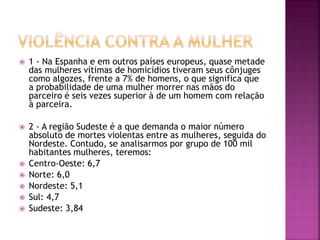  1 - Na Espanha e em outros países europeus, quase metade
das mulheres vítimas de homicídios tiveram seus cônjuges
como algozes, frente a 7% de homens, o que significa que
a probabilidade de uma mulher morrer nas mãos do
parceiro é seis vezes superior à de um homem com relação
à parceira.
 2 - A região Sudeste é a que demanda o maior número
absoluto de mortes violentas entre as mulheres, seguida do
Nordeste. Contudo, se analisarmos por grupo de 100 mil
habitantes mulheres, teremos:
 Centro-Oeste: 6,7
 Norte: 6,0
 Nordeste: 5,1
 Sul: 4,7
 Sudeste: 3,84
 