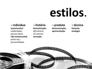 estilos.
¬ indivíduo
testemunhal:
celebridade;
pessoa típica.
não-testemunhal:
porta-voz;
personalidade.
¬ produto
demonstração;
apresentação.
¬ história
dramatização:
off camera;
on camera.
narração.
¬ técnica
fantasia;
analogia.
 