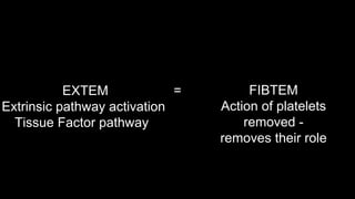 EXTEM
Extrinsic pathway activation
Tissue Factor pathway
FIBTEM
Action of platelets
removed -
removes their role
=
 