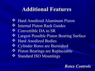 AAddddiittiioonnaall FFeeaattuurreess 
 Hard Anodized Aluminum Piston 
 Internal Piston Rack Guides 
 Convertible DA to SR 
 Largest Possible Piston Bearing Surface 
 Hard Anodized Bodies 
 Cylinder Bores are Burnished 
 Piston Bearings are Replaceable 
 Standard ISO Mountings 
RRootteexx CCoonnttrroollss 
 