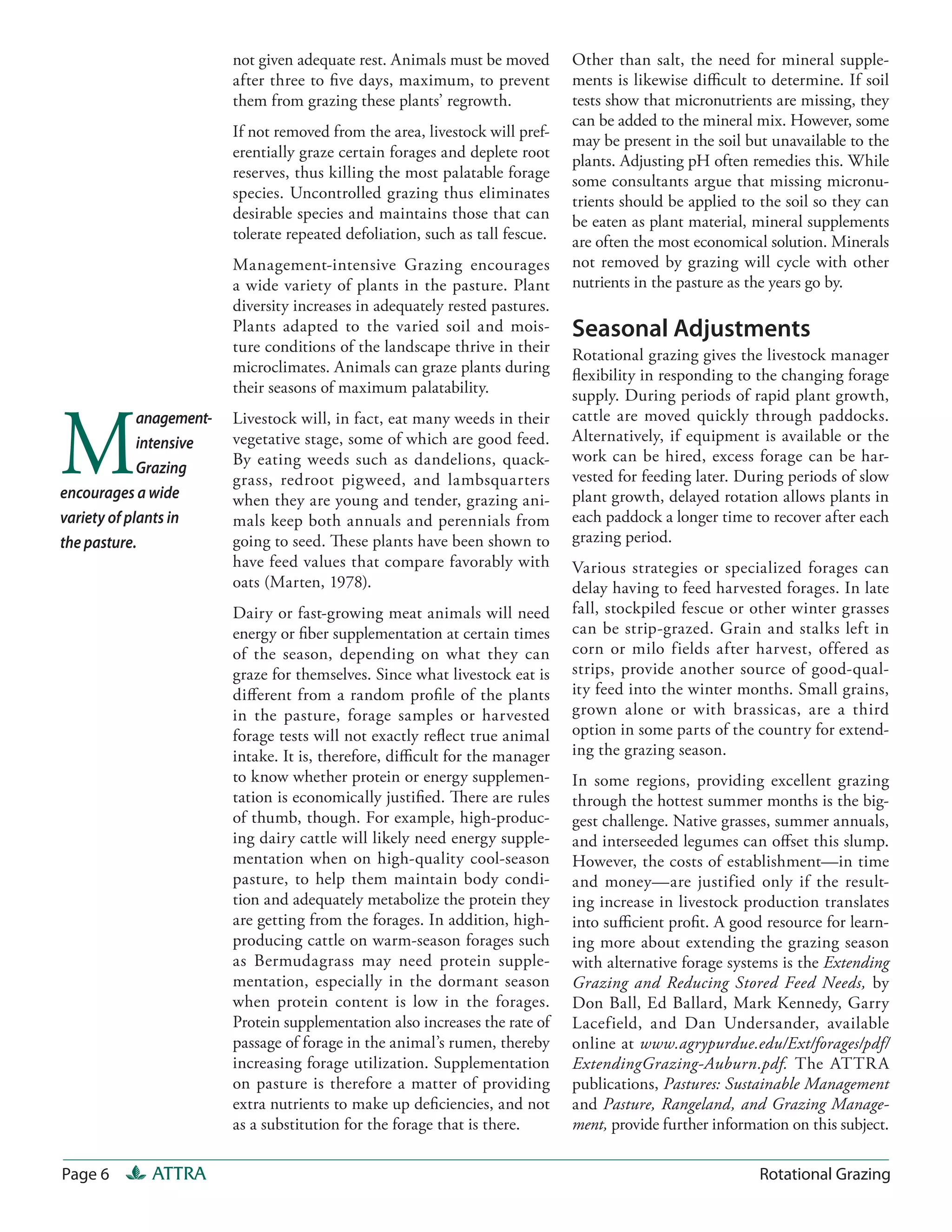 not given adequate rest. Animals must be moved        Other than salt, the need for mineral supple-
                          after three to five days, maximum, to prevent         ments is likewise difficult to determine. If soil
                          them from grazing these plants’ regrowth.             tests show that micronutrients are missing, they
                                                                                can be added to the mineral mix. However, some
                          If not removed from the area, livestock will pref-
                                                                                may be present in the soil but unavailable to the
                          erentially graze certain forages and deplete root
                                                                                plants. Adjusting pH often remedies this. While
                          reserves, thus killing the most palatable forage
                                                                                some consultants argue that missing micronu-
                          species. Uncontrolled grazing thus eliminates         trients should be applied to the soil so they can
                          desirable species and maintains those that can        be eaten as plant material, mineral supplements
                          tolerate repeated defoliation, such as tall fescue.   are often the most economical solution. Minerals
                          Management-intensive Grazing encourages               not removed by grazing will cycle with other
                          a wide variety of plants in the pasture. Plant        nutrients in the pasture as the years go by.
                          diversity increases in adequately rested pastures.
                          Plants adapted to the varied soil and mois-           Seasonal Adjustments
                          ture conditions of the landscape thrive in their      Rotational grazing gives the livestock manager
                          microclimates. Animals can graze plants during        flexibility in responding to the changing forage
                          their seasons of maximum palatability.                supply. During periods of rapid plant growth,



M
             anagement-   Livestock will, in fact, eat many weeds in their      cattle are moved quickly through paddocks.
             intensive    vegetative stage, some of which are good feed.        Alternatively, if equipment is available or the
                          By eating weeds such as dandelions, quack-            work can be hired, excess forage can be har-
             Grazing                                                            vested for feeding later. During periods of slow
                          grass, redroot pigweed, and lambsquarters
encourages a wide         when they are young and tender, grazing ani-          plant growth, delayed rotation allows plants in
variety of plants in      mals keep both annuals and perennials from            each paddock a longer time to recover after each
the pasture.              going to seed. These plants have been shown to        grazing period.
                          have feed values that compare favorably with          Various strategies or specialized forages can
                          oats (Marten, 1978).                                  delay having to feed harvested forages. In late
                          Dairy or fast-growing meat animals will need          fall, stockpiled fescue or other winter grasses
                          energy or fiber supplementation at certain times      can be strip-grazed. Grain and stalks left in
                          of the season, depending on what they can             corn or milo fields after harvest, offered as
                          graze for themselves. Since what livestock eat is     strips, provide another source of good-qual-
                          different from a random profi le of the plants        ity feed into the winter months. Small grains,
                          in the pasture, forage samples or harvested           grown alone or with brassicas, are a third
                          forage tests will not exactly reflect true animal     option in some parts of the country for extend-
                          intake. It is, therefore, difficult for the manager   ing the grazing season.
                          to know whether protein or energy supplemen-          In some regions, providing excellent grazing
                          tation is economically justified. There are rules     through the hottest summer months is the big-
                          of thumb, though. For example, high-produc-           gest challenge. Native grasses, summer annuals,
                          ing dairy cattle will likely need energy supple-      and interseeded legumes can offset this slump.
                          mentation when on high-quality cool-season            However, the costs of establishment—in time
                          pasture, to help them maintain body condi-            and money—are justified only if the result-
                          tion and adequately metabolize the protein they       ing increase in livestock production translates
                          are getting from the forages. In addition, high-      into sufficient profit. A good resource for learn-
                          producing cattle on warm-season forages such          ing more about extending the grazing season
                          as Bermudagrass may need protein supple-              with alternative forage systems is the Extending
                          mentation, especially in the dormant season           Grazing and Reducing Stored Feed Needs, by
                          when protein content is low in the forages.           Don Ball, Ed Ballard, Mark Kennedy, Garry
                          Protein supplementation also increases the rate of    Lacefield, and Dan Undersander, available
                          passage of forage in the animal’s rumen, thereby      online at www.agrypurdue.edu/Ext/forages/pdf/
                          increasing forage utilization. Supplementation        ExtendingGrazing-Auburn.pdf. The ATTR A
                          on pasture is therefore a matter of providing         publications, Pastures: Sustainable Management
                          extra nutrients to make up deficiencies, and not      and Pasture, Rangeland, and Grazing Manage-
                          as a substitution for the forage that is there.       ment, provide further information on this subject.

Page 6       ATTRA                                                                                           Rotational Grazing
 