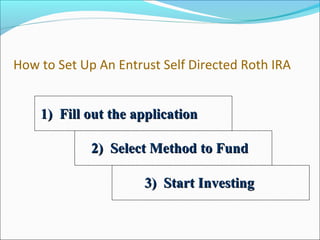 1) Fill out the application1) Fill out the application
2) Select Method to Fund2) Select Method to Fund
3) Start Investing3) Start Investing
How to Set Up An Entrust Self Directed Roth IRA
 