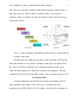 THE WATERFALL, SPIRAL, AND PROTOTYPE SDLC MODELS 4
“falls” into the next when using waterfall, the spiral method keeps going around the “spiral” as
many times as necessary. While the method is considered iterative, it can be used as a
combination method, as eventually, the project will be finished and there will be no need to go
through further iterations:
Figure 1. A visual representation of the difference between the linear waterfall model and
the iterative spiral model.
The spiral model is not suitable for every project. Saxena and Kaushik (2013) note that,
among other drawbacks, it is very expensive and highly complex; there is no specified “finish
line,” and it can be difficult to determine when to stop going through the iterations; and it
requires that project managers have a high level of expertise in risk management. Thus, they
recommend that it be used only for large, highly complex, risky, and expensive projects (p. 118).
The Prototype Model
According to Maheshwari and Jain (2012), the prototype (or prototyping) model isn’t
solely a standalone model, though it can be used as one; it is an approach that can be
incorporated into any SDLC model (p. 287). For example, as discussed above, prototyping is an
 