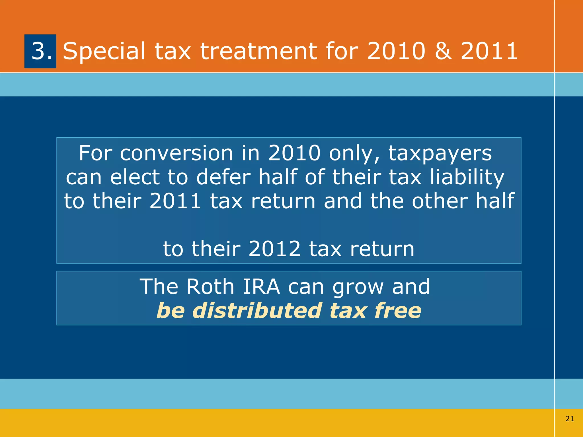 3. Special tax treatment for 2010 & 2011 For conversion in 2010 only, taxpayers  can elect to defer half of their tax liability  to their 2011 tax return and the other half  to their 2012 tax return The Roth IRA can grow and  be distributed tax free 