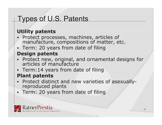 Types of U.S. Patents
Utility patents
  Protect processes, machines, articles of
   manufacture, compositions of matter, etc.
  Term: 20 years from date of filing
Design patents
  Protect new, original, and ornamental designs for
   articles of manufacture
  Term:14 years from date of filing
Plant patents
  Protect distinct and new varieties of asexually-
   reproduced plants
  Term: 20 years from date of filing


                                                       12
 