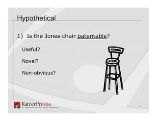 Hypothetical

1) Is the Jones chair patentable?

 Useful?

 Novel?

 Non-obvious?




                                    17
 