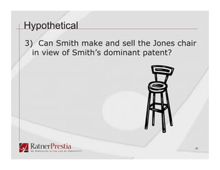 Hypothetical
3) Can Smith make and sell the Jones chair
  in view of Smith’s dominant patent?




                                         20
 