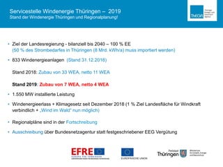 Thüringer Landesregierung
• Ziel der Landesregierung - bilanziell bis 2040 – 100 % EE
(50 % des Strombedarfes in Thüringen (8 Mrd. kWh/a) muss importiert werden)
• 833 Windenergieanlagen (Stand 31.12.2018)
Stand 2018: Zubau von 33 WEA, netto 11 WEA
Stand 2019: Zubau von 7 WEA, netto 4 WEA
• 1.550 MW installierte Leistung
• Windenergieerlass + Klimagesetz seit Dezember 2018 (1 % Ziel Landesfläche für Windkraft
verbindlich + „Wind im Wald“ nun möglich)
• Regionalpläne sind in der Fortschreibung
• Ausschreibung über Bundesnetzagentur statt festgeschriebener EEG Vergütung
Servicestelle Windenergie Thüringen – 2019
Stand der Windenergie Thüringen und Regionalplanung!
 