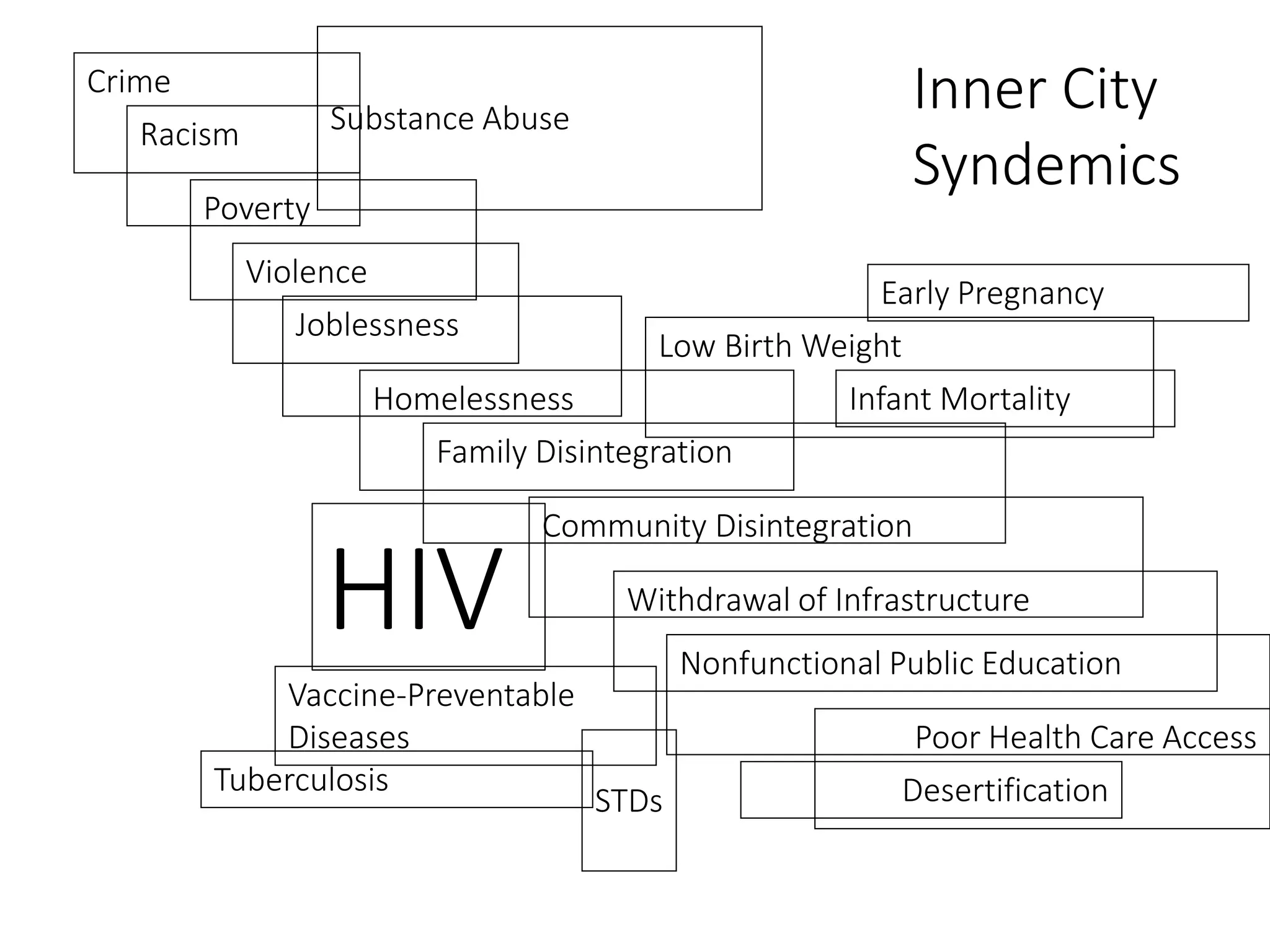 Crime
Racism
Poverty
Violence
Joblessness
Homelessness
Family Disintegration
Community Disintegration
Withdrawal of Infrastructure
Nonfunctional Public Education
Poor Health Care Access
Desertification
Early Pregnancy
Vaccine-Preventable
Diseases
Low Birth Weight
Infant Mortality
Substance Abuse
Tuberculosis
Inner City
Syndemics
STDs
HIV
 