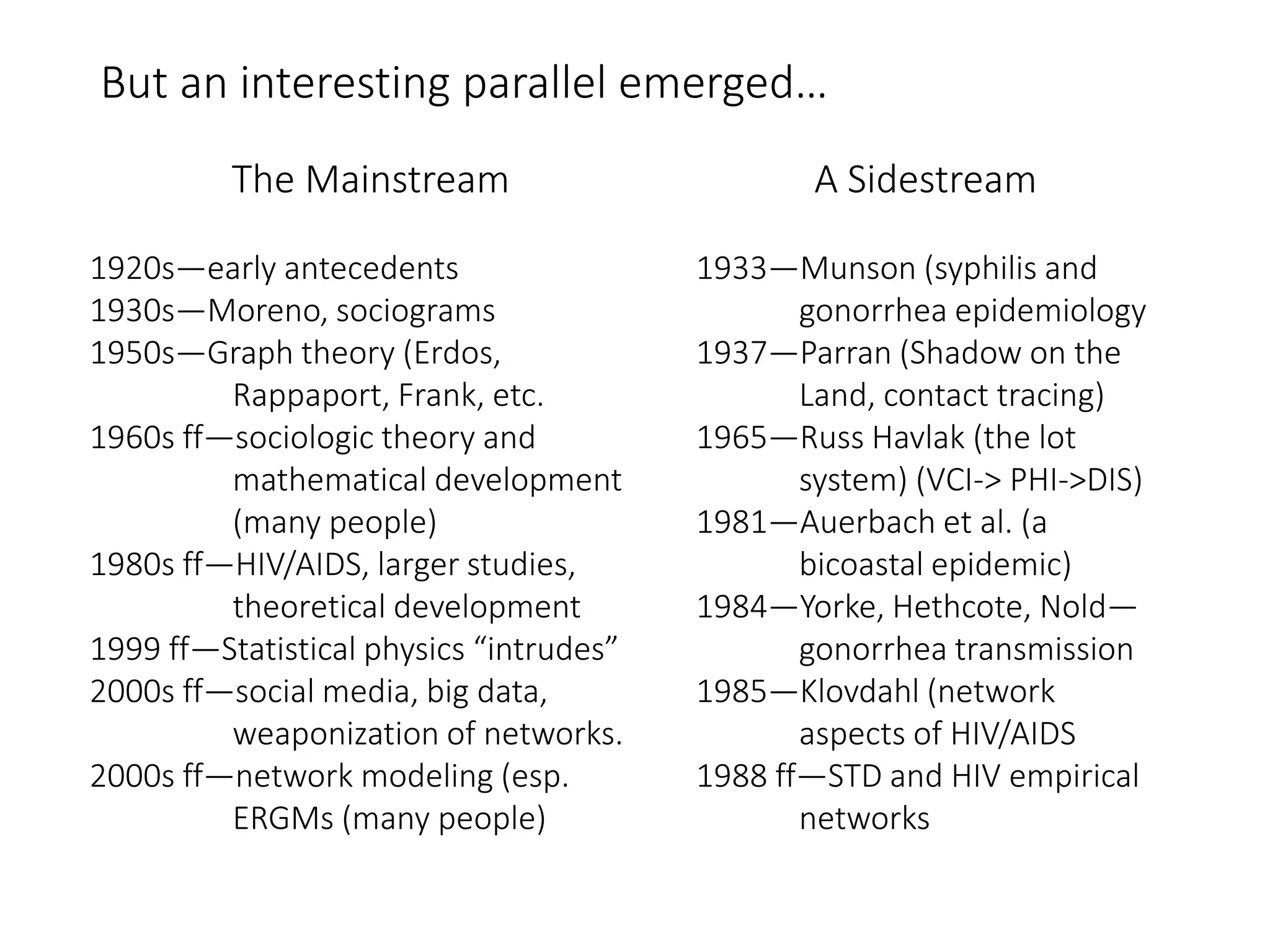 But an interesting parallel emerged…
The Mainstream
1920s—early antecedents
1930s—Moreno, sociograms
1950s—Graph theory (Erdos,
Rappaport, Frank, etc.
1960s ff—sociologic theory and
mathematical development
(many people)
1980s ff—HIV/AIDS, larger studies,
theoretical development
1999 ff—Statistical physics “intrudes”
2000s ff—social media, big data,
weaponization of networks.
2000s ff—network modeling (esp.
ERGMs (many people)
A Sidestream
1933—Munson (syphilis and
gonorrhea epidemiology
1937—Parran (Shadow on the
Land, contact tracing)
1965—Russ Havlak (the lot
system) (VCI-> PHI->DIS)
1981—Auerbach et al. (a
bicoastal epidemic)
1984—Yorke, Hethcote, Nold—
gonorrhea transmission
1985—Klovdahl (network
aspects of HIV/AIDS
1988 ff—STD and HIV empirical
networks
 