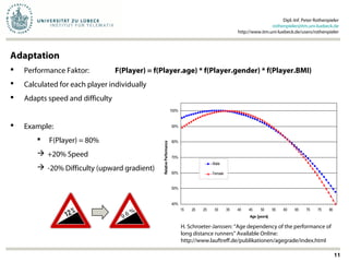 Dipl.-Inf. Peter Rothenpieler
rothenpieler@itm.uni-luebeck.de
http://www.itm.uni-luebeck.de/users/rothenpieler
11
Adaptation
 Performance Faktor: F(Player) = f(Player.age) * f(Player.gender) * f(Player.BMI)
 Calculated for each player individually
 Adapts speed and difficulty
40%
50%
60%
70%
80%
90%
100%
15 20 25 30 35 40 45 50 55 60 65 70 75 80
Age [years]
RelativePerformance
Male
Female
H. Schroeter-Janssen: “Age dependency of the performance of
long distance runners” Available Online:
http://www.lauftreff.de/publikationen/agegrade/index.html
9.6 %
 Example:
 F(Player) = 80%
 +20% Speed
 -20% Difficulty (upward gradient)
 