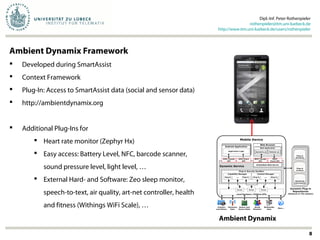 Dipl.-Inf. Peter Rothenpieler
rothenpieler@itm.uni-luebeck.de
http://www.itm.uni-luebeck.de/users/rothenpieler
8
Ambient Dynamix
Ambient Dynamix Framework
 Developed during SmartAssist
 Context Framework
 Plug-In: Access to SmartAssist data (social and sensor data)
 http://ambientdynamix.org
 Additional Plug-Ins for
 Heart rate monitor (Zephyr Hx)
 Easy access: Battery Level, NFC, barcode scanner,
sound pressure level, light level, …
 External Hard- and Software: Zeo sleep monitor,
speech-to-text, air quality, art-net controller, health
and fitness (Withings WiFi Scale), …
 