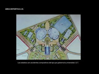FACULTAD DE ARTES MAESTRÍA EN ARQUITECTURA EDGAR CARVAJAL JAIME ANDRÉS GÓMEZ
UNIVERSIDAD
NACIONAL
DE COLOMBIA
SEDE BOGOTÁ
LEOPOLDO ROTHER
AREA DEPORTIVA U.N.
Los estadios son accidentes compositivos del eje que gobierna la universidad. G.T.
 