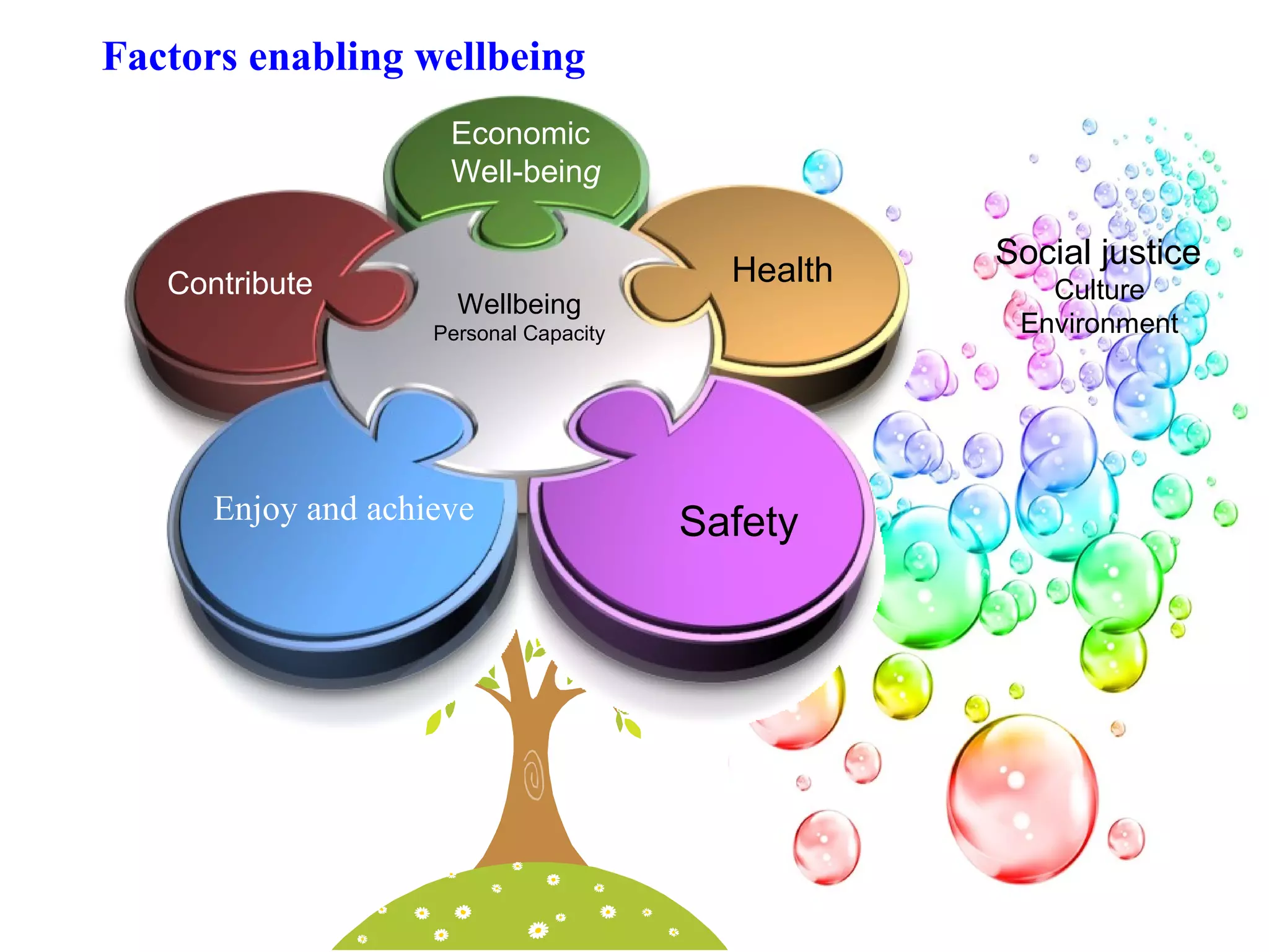 Factors enabling wellbeing
Economic
Well-being
Contribute
Enjoy and achieve
Health
Safety
Wellbeing
Personal Capacity
Social justice
Culture
Environment
 