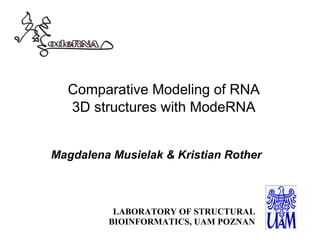 Comparative Modeling of RNA
  3D structures with ModeRNA


Magdalena Musielak & Kristian Rother



          LABORATORY OF STRUCTURAL
         BIOINFORMATICS, UAM POZNAN
 