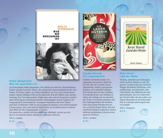 10
Nadja Spiegelman
Was nie geschehen ist
Als Kind glaubt Nadja Spiegelman, ihre Mutter sei eine Fee. Ein besonderer
Zauber umgibt Françoise Mouly, die erfolgreiche Kunstredakteurin des New
Yorker. Erst Jahre später, als Nadja allmählich zur Frau wird, bricht dieser
Zauber. Immer häuﬁger trifft sie die plötzliche Wut der Mutter, ihre Zurück-
weisung, ihre Verschlossenheit. Nadja ahnt, dass sich in Françoises Ausbrü-
chen deren eigene Familiengeschichte widerspiegelt, und sie beginnt, der
Vergangenheit nachzuspüren. In langen Gesprächen mit ihrer Mutter
und ihrer Großmutter stößt sie auf unsagbaren Schmerz und widerstreitende
Erinnerungen, aber auch auf die Möglichkeit, im Erzählen einen versöhnli-
chen Blick auf die Vergangenheit zu ﬁnden.
Ein poetisches, zutiefst ehrliches Buch, das offenlegt, warum uns die,
die wir am meisten lieben, häuﬁg am stärksten verletzen.
394 S. | Aufbau
€ 22,–
Sayaka Murata
Die Ladenhüterin
Gefühle sind Keiko fremd. Um
nirgendwo anzuecken, bleibt sie
für sich. Bis sie in einem neuen
Supermarkt, einem so genannten
Konbini, als Ladenhilfe anfängt.
Dort bringt man ihr den richtigen
Gesichtsausdruck, das richtige Lä-
cheln, die richtige Art zu sprechen
bei. Keiko verschmilzt geradezu mit
den Gepﬂogenheiten des Konbini.
Doch dann fängt Shiraba dort an,
ein zynischer junger Mann, der sich
sämtlichen Regeln widersetzt. Keikos
mühsam aufgebautes Lebenssystem
gerät ins Wanken.
160 S. | Aufbau
€ 18,–
Kent Haruf
Lied der Weite
Victoria, siebzehn und schwanger,
wird von ihrer Mutter vor die Tür
gesetzt. Da überredet ihre Lehrerin
Maggie die Brüder McPheron, zwei
rauhbeinige, unverheiratete, alte
Viehzüchter, das Mädchen bei sich
aufzunehmen. Ein erst widerwilli-
ger Akt der Güte, der das Leben von
sieben Menschen in der Kleinstadt
Holt in Colorado umkrempelt und
verwandelt.
384 S. | Diogenes
€ 24,–
 