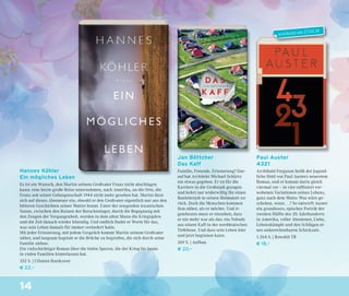 14
Hannes Köhler
Ein mögliches Leben
Es ist ein Wunsch, den Martin seinem Großvater Franz nicht abschlagen
kann: eine letzte große Reise unternehmen, nach Amerika, an die Orte, die
Franz seit seiner Gefangenschaft 1944 nicht mehr gesehen hat. Martin lässt
sich auf dieses Abenteuer ein, obwohl er den Großvater eigentlich nur aus den
bitteren Geschichten seiner Mutter kennt. Unter der sengenden texanischen
Sonne, zwischen den Ruinen der Barackenlager, durch die Begegnung mit
den Zeugen der Vergangenheit, werden in dem alten Mann die Kriegsjahre
und die Zeit danach wieder lebendig. Und endlich ﬁndet er Worte für das,
was sein Leben damals für immer verändert hatte.
Mit jeder Erinnerung, mit jedem Gespräch kommt Martin seinem Großvater
näher, und langsam beginnt er die Brüche zu begreifen, die sich durch seine
Familie ziehen.
Ein vielschichtiger Roman über die tiefen Spuren, die der Krieg bis heute
in vielen Familien hinterlassen hat.
352 S. | Ullstein Hardcover
€ 22,–
Jan Böttcher
Das Kaff
Familie, Freunde, Erinnerung? Dar-
auf hat Architekt Michael Schürtz
nie etwas gegeben. Er ist für die
Karriere in die Großstadt gezogen
und kehrt nur widerwillig für einen
Bauleiterjob in seinen Heimatort zu-
rück. Doch die Menschen kommen
ihm näher, als er möchte. Und ir-
gendwann muss er einsehen, dass
er nie mehr war als das: ein Nobody
aus einem Kaff in der norddeutschen
Tiefebene. Und dass sein Leben hier
und jetzt beginnen kann.
269 S. | Aufbau
€ 20,–
Paul Auster
4321
Archibald Ferguson heißt der jugend-
liche Held von Paul Austers neuestem
Roman, und er kommt darin gleich
viermal vor – in vier rafﬁniert ver-
wobenen Variationen seines Lebens,
ganz nach dem Motto: Was wäre ge-
schehen, wenn …? So entwirft Auster
ein grandioses, episches Porträt der
zweiten Hälfte des 20. Jahrhunderts
in Amerika, voller Abenteuer, Liebe,
Lebenskämpfe und den Schlägen ei-
nes unberechenbaren Schicksals.
1.264 S. | Rowohlt TB
€ 18,–
erscheint am 27.03.18
 
