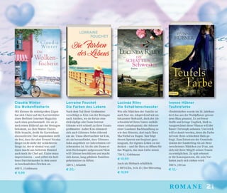 21romaneromane
Claudia Winter
Die Wolkenfischerin
Mit kleinen bis mittelgroßen Lügen
hat sich Claire auf der Karriereleiter
eines Berliner Gourmet-Magazins
nach oben geschummelt. Als sie je-
doch einen Hilferuf aus der Bretagne
bekommt, wo ihre Mutter Claires
Hilfe braucht, droht ihr Kartenhaus
einzustürzen: Dort angekomen stellt
sie fest, dass ihr alter Freund Nicolas
längst nicht mehr der schüchterne
Junge ist, der er einmal war; und
dann taucht aus heiterem Himmel
auch noch ihr Chef auf. Claire muss
improvisieren – und stiftet ein heil-
loses Durcheinander in dem sonst
so beschaulichen Örtchen an.
400 S. | Goldmann
€ 9,99
Ivonne Hübner
Teufelsfarbe
»Teufelsfarbe« wurde im 16. Jahrhun-
dert das aus der Waidpﬂanze gewon-
nene Blau genannt. Es zerfresse
Stoffe und bringe Unglück, hieß es.
Ausgerechnet diese Pﬂanze will der
Bauer Christoph anbauen. Und reich
will er damit werden, denn die Farbe
ist trotz ihres schlechten Rufs ge-
fragt. Zum Entsetzen der Gemeinde
nimmt der Sonderling ein als Hexe
verschrienes Mädchen zur Frau, um
sich mit ihrer Mitgift seinen Traum
zu ermöglichen. Zu spät erkennt
er die Konsequenzen, die sein Vor-
haben nach sich ziehen wird.
500 S. | Dryas
€ 12,–
Lorraine Fouchet
Die Farben des Lebens
Nach dem Tod ihrer Großmutter
verschlägt es Kim von der Bretagne
nach Antibes, wo sie fortan eine
dickköpﬁge alte Dame betreut.
Gilonne wird schnell zu ihrer Ersatz-
großmutter. Außer Kim kümmert
sich auch Gilonnes Sohn rührend
um sie. Umso überraschter ist Kim,
als sie herausﬁndet, dass Gilonnes
Sohn angeblich vor Jahrzehnten ver-
schwunden ist. Ist die alte Dame ei-
nem Hochstapler aufgesessen? Kim
will Gilonne beschützen und macht
sich daran, lang gehütete Familien-
geheimnisse zu lüften.
320 S. | Atlantik
€ 20,–
Lucinda Riley
Die Schattenschwester
Wie alle Mädchen der Familie ist
auch Star ein Adoptivkind mit un-
bekannter Herkunft, doch der Ab-
schiedsbrief ihres Vaters enthält
einen Anhaltspunkt: die Adresse
einer Londoner Buchhandlung so-
wie den Hinweis, dort nach Flora
MacNichol zu fragen. Star folgt
diesen Spuren und beginnt ganz
langsam, ihr eigenes Leben zu ent-
decken – und ihr Herz zu öffnen für
das Wagnis, das man Liebe nennt.
736 S. | Goldmann
€ 10,99
Auch als Hörbuch erhältlich:
2 MP3-CDs, 16 h 15 | Der Hörverlag
€ 19,99
 