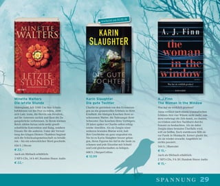 29spannung
Minette Walters
Die letzte Stunde
Südengland, Juli 1348: Um ihre Schutz-
befohlenen vor der Pest zu retten, zieht
sich Lady Anne, die Herrin von Develish,
auf ihr Anwesen zurück und lässt die Zu-
gangsbrücke verbrennen. In ihrem kleinen
Reich zählen fortan nicht mehr gesell-
schaftliche Konvention und Rang, sondern
Einsatz für die anderen. Unter der Verwal-
tung des klugen Dieners Thaddeus beginnt
sich die Schicksalsgemeinschaft zu bewäh-
ren – bis ein schrecklicher Mord geschieht.
656 S. | Heyne
€ 22,–
Auch als Hörbuch erhältlich:
3 MP3-CDs, 14 h 40 | Random House Audio
€ 22,–
Karin Slaughter
Die gute Tochter
Charlie ist getrieben von den Erinnerun-
gen an ein grauenvolles Erlebnis in ihrer
Kindheit: die blutigen Knochen ihrer er-
schossenen Mutter. die Todesangst ihrer
Schwester. Das Keuchen ihres Verfolgers.
28 Jahre später ist Charlie selbst erfolg-
reiche Anwältin. Als sie Zeugin einer
weiteren brutalen Bluttat wird, holt
ihre Geschichte sie ganz ungeahnt ein.
Nie ist es Karin Slaughter besser gelun-
gen, ihren Figuren bis tief in die Seele zu
schauen und jede Einzelne mit Schuld
und Leid gleichermaßen zu belegen.
608 S. | HarperCollins
€ 10,99
A.J.Finn
The Woman in the Window
Was hat sie wirklich gesehen?
Anna verlässt nach einem traumatischen
Erlebnis ihre vier Wände nicht mehr, son-
dern verbringt die Zeit damit, zu chatten,
zu trinken und ihre Nachbarn durchs
Fenster zu beobachten. Als sie dabei
Zeugin eines brutalen Überfalls wird,
will sie helfen. Doch stattdessen fällt sie
vor Panik in Ohnmacht. Keiner glaubt ihr,
als sie wieder erwacht: Angeblich ist
nichts passiert.
544 S. | Blanvalet
€ 15,–
Auch als Hörbuch erhältlich:
2 MP3-CDs, 9 h 30 | Random House Audio
€ 15,–
erscheint am 01.05.18
 