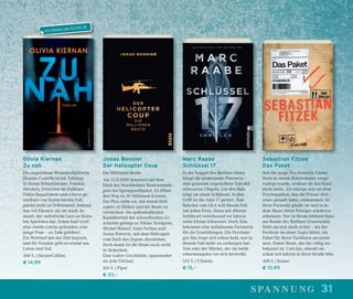 31spannung
Jonas Bonnier
Der Helicopter Coup
Die Millionen Beute
Am 23.9.2009 detoniert auf dem
Dach des Stockholmer Banknotende-
pots ein Sprengstoffpaket. Es öffnet
den Weg zu 39 Millionen Kronen.
Der Plan sieht vor, mit einem Heli-
copter zu ﬂiehen und die Beute zu
verstecken. Im spektakulärsten
Raubüberfall der schwedischen Ge-
schichte gelingt es Niklas Nordgren,
Michel Malouf, Sami Farhan und
Zoran Petrovic, mit dem Helicopter
vom Dach des Depots abzuheben.
Doch damit ist die Beute noch nicht
in Sicherheit.
Eine wahre Geschichte, spannender
als jede Fiktion!
416 S. | Piper
€ 20,–
Marc Raabe
Schlüssel 17
In der Kuppel des Berliner Doms
hängt die prominente Pfarrerin –
eine grausam zugerichtete Tote mit
schwarzen Flügeln. Um den Hals
trägt sie einen Schlüssel. In den
Griff ist die Zahl 17 geritzt. Tom
Babylon vom LKA will diesen Fall
um jeden Preis. Denn mit diesem
Schlüssel verschwand vor Jahren
seine kleine Schwester. Doch Tom
bekommt eine unliebsame Partnerin
für die Ermittlungen. Die Psycholo-
gin Sita fragt sich schon bald, wer in
diesem Fall mehr zu verbergen hat:
Tom oder der Mörder, der sie beide
erbarmungslos vor sich hertreibt.
512 S. | Ullstein
€ 15,–
Olivia Kiernan
Zu nah
Die angesehene Wissenschaftlerin
Eleanor Costello ist tot. Erhängt
in ihrem Schlafzimmer. Frankie
Sheehan, Detective im Dubliner
Police Department und schwer ge-
zeichnet von ihrem letzten Fall,
glaubt nicht an Selbstmord. Jemand
war bei Eleanor, als sie starb. Je-
mand, der sadistische Lust an bruta-
len Spielchen hat. Schon bald wird
eine zweite Leiche gefunden: eine
junge Frau – zu Tode gefoltert.
Ein Wettlauf mit der Zeit beginnt,
und für Frankie geht es erneut um
Leben und Tod.
368 S. | HarperCollins
€ 14,99
Sebastian Fitzek
Das Paket
Seit die junge Psychiaterin Emma
Stein in einem Hotelzimmer verge-
waltigt wurde, verlässt sie das Haus
nicht mehr. Als einzige war sie dem
Psychopathen, den die Presse »Fri-
seur« getauft hatte, entkommen. In
ihrer Paranoia glaubt sie nun in je-
dem Mann ihren Peiniger wiederzu-
erkennen. Nur in ihrem kleinen Haus
am Rande des Berliner Grunewalds
fühlt sie sich noch sicher – bis der
Postbote sie eines Tages bittet, ein
Paket für ihren Nachbarn anzuneh-
men. Einen Mann, der ihr völlig un-
bekannt ist. Und das, obwohl sie
schon seit Jahren in ihrer Straße lebt.
368 S. | Knaur
€ 10,99
erscheint am 03.04.18
 