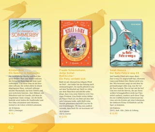 42
Kirsten Boie
Ein Sommer in Sommerby
Die zwölfjährige Martha und ihre jün-
geren Brüder Mats und Mikkel müssen
die Ferien bei ihrer Oma auf dem Land
verbringen. Und diese Oma ist ein biss-
chen seltsam: Sie wohnt allein in einem
abgelegenen Haus, verkauft selbstge-
machte Marmelade, hat kein Telefon und
erst recht kein Internet. Aber Hühner, ein
Motorboot und ein Gewehr, mit dem sie
ungebetene Gäste verjagt. Als die Idylle
bedroht wird, halten die Stadtkinder und
ihre Oma zusammen und erkennen,
worauf es im Leben wirklich ankommt.
Ab 10 Jahren.
320 S. | Oetinger
€ 14,–
Salah Naoura
Der Ratz-Fatz-x-weg 23
Seit Familie Pittel sich einen »Ratz-
Fatz-x-weg 23« angeschafft hat, erkennen
Laura und Robert ihre Mutter nicht wie-
der. Wie besessen saugt sie mit dem Su-
perstaubsauger alles weg, was ihr vor
die Nase kommt. Was ist nur mit ihr los?
Und wer sind die Herren, die aus ihren
weißen Schnappkoffern nicht nur Putz-
mittel zaubern, sondern auch diese Trop-
fen im Goldﬂäschchen? Gemeinsam ma-
chen sich die Kinder auf, dem Geheimnis
der dubiosen Firma »Gründlich« auf die
Spur zu kommen.
Ab 8 Jahren.
216 S., farb. Abb. | Beltz & Gelberg
€ 12,95
Frauke Scheunemann,
Antje Szillat
Bulli & Lina –
Ein Pony verliebt sich
Bulli ist mit Abstand das klügste Pferd
im Stall – nur leider hat das bislang noch
niemand kapiert. Da taucht plötzlich Lina
auf dem Nachbarhof auf. Bulli ist völlig
aus dem Häuschen und möchte unbe-
dingt, dass Lina seine Reiterin wird. Ein-
ziges Problem: Lina ﬁndet nichts blöder
als Ponys! Doch als ein Dieb auf dem Hof
sein Unwesen treibt, sieht Bulli seine
Stunde gekommen und hilft Lina bei ih-
ren Ermittlungen. Ob Lina nun endlich
versteht, dass Bulli für sie bestimmt ist?
Ab 8 Jahren.
152 S. | Loewe
€ 12,95
 