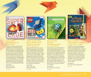 43kinderbuch
Tobias Ohmann
Tobis Outdoor-Tagebuch:
11 Tage allein im Wald
Verlaufen im undurchdringlichen
Urwald, Feuer machen bei Regen,
einen Unterschlupf bauen, wenn der
Sturm das Zelt zerfetzt hat: Wildnis-
coach Tobi kennt die Gefahren, die
auf einen Abenteurer lauern, der
sich elf Tage allein im Wald durch-
schlagen muss. Seine persönlichen
Erlebnisse hat der Proﬁ hier aufge-
schrieben – mit vielen Tipps für
alle, die eigene Expeditionen
starten wollen.
Ab 8 Jahren.
64 S., farb. Abb. | Coppenrath
€ 9,99
Supererde
So spektakulär ist
unser Planet
In diesem beeindruckenden Nach-
schlagewerk werden bedeutende
Plätze der Erde, Landschaften und
Wetterphänomene auf spektakulärs-
te Art und Weise auf doppelseitigen
Porträts in Szene gesetzt. Mit dem
Kindersachbuch erkunden die jun-
gen Leser unsere erstaunliche Erde
in atemberaubenden Luftaufnahmen
und Naturfotograﬁen, 3-D-Graﬁken
zu geograﬁschen Details und unter-
haltsamen Texten mit spannenden
Fakten und verblüffenden Rekorden.
Ab 8 Jahren.
208 S., farb. Abb.
Dorling Kindersley
€ 19,95
LEGO®
Absolut alles,
was du wissen musst
Das Beste aus dem
LEGO®
Universum
Dieses LEGO® Buch ist ein unent-
behrlicher Begleiter für Fans! Hier
gibt es umfassendes und beeindru-
ckendes Wissen über LEGO® Bau-
steine und Teile, Fahrzeuge, Figuren
oder Monster in fünf großen, reich
bebilderten Kapiteln rund um die
LEGO® Themenwelten. Mit verblüf-
fenden Vergleichen, witzigen Hinter-
gründen, Top-Listen, Stein-Statisti-
ken und lustigen Kommentaren von
den beliebten Miniﬁguren.
Ab 8 Jahren.
240 S., farb. Abb.
Dorling Kindersley
€ 19,95
WAS IST WAS
Insekten
Überlebenskünstler
auf sechs Beinen
Manche ﬂiegen um den halben Erd-
ball, andere gründen Staaten mit
Abertausenden Einwohnern – Insek-
ten sind wahre Überlebenskünstler!
Mindestens eine Million Arten sind
bekannt, von der ﬂiegendreckgro-
ßen Zwergwespe bis zur halbmeter-
langen Stabheuschrecke. Doch viele
Arten sind bedroht. WAS IST WAS
lädt zu einer Entdeckungsreise in
die Wunderwelt der Sechsbeiner ein.
Denn nur was wir kennen, können
wir schützen!
Ab 8 Jahren.
48 S., farb. Abb. | Tessloff
€ 9,95
 