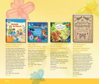 50
WAS IST WAS Junior
Technik zu Hause
Ein Haus steckt vom Dachboden bis
zum Keller voller Technik. Spannend,
wie alles funktioniert! Ob Heizung,
Waschmaschine, Fernseher, Internet
oder Küchengeräte – jedes Gerät
funktioniert anders. Und wie sieht
die Technik von innen aus?
Anhand farbenfroher Illustrationen,
gespickt mit unzähligen Details er-
klärt das Junior-Sachbuch Kindern
das spannende Thema. Lustige Ent-
decker-Klappen, kleine Spiele, Rätsel
und Experimente vertiefen erstes
Wissen und sorgen für Spaß und
Abwechslung.
Ab 4 Jahren.
20 S., farb. Abb. | Tessloff
€ 12,95
Christine Faust,
Sandra Grimm
Wer klopft und quakt
denn hier?
Hörst du die Tiere im Wald? Der
Specht klopft tock, tock tock, die
Frösche rufen quak, quak, die
Maus macht piep, piep. Wie klingt
der Biber?
Durch das Bewegen der Schieber
können Kinder die Tiergeräusche
selbst erzeugen – ganz ohne
Elektronik!
Ab 2 Jahren.
10 S., farb. Abb. | Ravensburger
€ 14,99
Sam Taplin
Klänge der Natur – Was
hörst du in der Nacht?
Eulen rufen, ein Zug rattert, die
Turmuhr schlägt – die Nacht ist
ganz und gar nicht still! Zehn
echte Klänge machen Kinder mit
den Geräuschen der Nacht vertraut.
Mit einem integrierten Soundchip
auf jeder Seite und praktischer
Ein- und Ausschaltfunktion.
Ab 3 Jahren.
10 S., farb. Abb. | Usborne
€ 14,95
Peter Houghton,
Jane Worroll
Abenteuer Waldschule
Outdoor-Erlebnisse
für Kinder
Von Spielen über kreative Bastelar-
beiten bis hin zu Survival-Tipps:
Die Natur bietet unzählige Möglich-
keiten für Spiele, Entdeckungen und
Erlebnisse. Die Waldschul-Bewegung
greift darauf zurück und stärkt
Selbstbewusstsein und Selbstwertge-
fühl von Kindern durch praktische
Lernerfahrungen in der Natur. Ob
allein, mit der Familie oder in der
Gruppe – die besten Abenteuer
warten direkt vor der Tür!
Ab 3 Jahren.
192 S. | Anaconda
€ 7,95
 