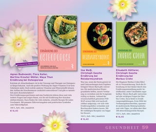 59gesundheit
Agnes Budnowski, Flora Koller,
Martina Kreuter-Müller, Maya Thun
Ernährung bei Osteoporose
Kalzium als »Knochenbauer« ist in der Vorsorge und Therapie von Osteoporo-
se längst bekannt. Auch die positive Wirkung des Super-Vitamins D ist kein
Geheimnis mehr. Doch welche anderen Vitamine und Mineralstoffe können
den Aufbau der Knochenmasse zusätzlich unterstützen? Und gibt es tatsäch-
lich auch »Knochenräuber«?
Drei Ernährungsexpertinnen und eine Fachärztin klären diese und viele
weitere Fragen und zeigen Ihnen, wie Sie mit Ernährung Ihre Knochen
stärken können. Dazu ﬁnden Sie viele einfache, schnelle Rezepte für jeden
Geschmack. Mit genauen Nährwertangaben und praktischen Symbolen
zum Nährstoffgehalt.
148 S., farb. Abb. | maudrich
€ 16,40
Ilse Weiß,
Christoph Gasche
Ernährung bei
Reizdarmsyndrom
Was tun, wenn der Darm gereizt ist
und Untersuchungen kein Ergebnis
bringen? Dieses Buch gibt Antwor-
ten: Die medizinischen Hinter-
grundinfos helfen, unsere Verdau-
ung zu verstehen und die Symptome
richtig zu deuten. Anhand der
wissenschaftlich getesteten FOD-
MAP-armen Diät wird nachvoll-
ziehbar aufgezeigt, wie sich viele
Ernährungsfallen vermeiden und
Beschwerden lindern lassen. Mit
80 vielfältigen Rezepten von Suppe
bis Dessert.
144 S., farb. Abb. | maudrich
€ 16,40
Elisabeth Hütterer,
Christoph Gasche
Ernährung bei
Morbus Crohn
Die Diagnose Morbus Crohn führt
oft zu Verunsicherung. Doch die Er-
krankung ist fast immer durch eine
Ernährungsumstellung positiv be-
einﬂussbar, unter Umständen sogar
heilbar. Dieses Buch gibt Antworten
auf alle wichtigen Fragen bei Mor-
bus Crohn. Dazu bietet es Ernäh-
rungsempfehlungen, Erste Hilfe bei
Verdauungsbeschwerden, spannen-
de medizinische Hintergrundinfos
und viele Tipps, vor allem aber über
100 abwechslungsreiche Rezepte.
152 S., farb. Abb. | maudrich
€ 16,40
erscheint im März 2018
 