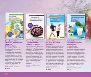 60
Sven-David Müller,
Christiane Weißenberger
Das große
Gicht-Kochbuch
Über 120 Rezepte für die ganze
Familie mit Nährwert- und Harn-
säureangaben
Genuss statt Gicht! Dieses Buch
rückt der Harnsäure-Überprodukti-
on zuleibe, indem es den Betroffe-
nen und ihren Familien eine purin-
arme Kost im wahrsten Sinne des
Wortes schmackhaft macht. Die über
120 Rezepte sind so verlockend, dass
Patienten und ihre Familien gar
nicht auf die Idee kommen, sie
würden »Diät halten«.
200 S., farb. Abb. | humboldt
€ 26,99
Dr. med. Ramon Martinez
Cholesterin selbst
senken in 10 Wochen
Selbsthilfeprogramm für Betroffene
Ist Cholesterin eigentlich wirklich
so gefährlich, wie allgemein behaup-
tet wird? Das ist sicher eine der
spannendsten Fragen, auf die das
vorliegende Buch nachvollziehbare
Antworten gibt. Schritt für Schritt
hilft dieser Ratgeber Ihnen, den
Cholesterinspiegel maßgeblich und
ohne Nebenwirkungen selbst zu
senken – entweder ganz ohne
Medikamente oder mit weniger
Medikation.
264 S., farb. Abb. | humboldt
€ 19,99
Heike Höfler
Gesundheitsratgeber
Osteoporose
Die besten Übungen
Die richtige Ernährung
Heike Höﬂers »Gesundheitsratgeber
Osteoporose« ist Übungs- und Er-
nährungsprogramm zugleich: Eine
ausgewogene, kalziumreiche Ernäh-
rung bildet die Grundpfeiler, um die
Knochen bis ins hohe Alter zu stär-
ken. Und über Bewegung können Sie
Muskulatur aufbauen, über Belas-
tung die Knochen stärken. Dazu hat
die erfahrene Ratgeberautorin spezi-
elle Übungsreihen entwickelt, die
sich ganz einfach zu Hause durch-
führen lassen.
136 S., farb. Abb. | humboldt
€ 19,99
Andrea Flemmer
Ich helfe mir selbst
Arthrose
Die besten Maßnahmen für zu Hau-
se. Richtig bewegen und ernähren
Einen Grundpfeiler der Selbsthilfe
bei Arthrose bildet zum einen eine
optimale Nährstoffversorgung als
Grundlage für ein gutes Funktionie-
ren des Körpers sowie die richtige
sportliche Betätigung, die Arthrose
vorbeugen und lindern kann. Auch
konventionelle, nicht medikamentö-
se Therapien wie die Wärmetherapie
stellt Andrea Flemmer in ihrem Rat-
geber vor und zeigt auf, wie sie mit
alternativen Möglichkeiten kombi-
niert werden können.
136 S., farb. Abb. | humboldt
€ 19,99
 
