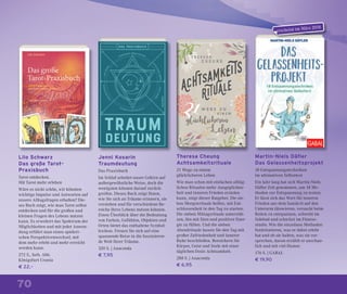 70
Theresa Cheung
Achtsamkeitsrituale
21 Wege zu einem
glücklicheren Leben
Wie man schon mit einfachen alltäg-
lichen Ritualen mehr Ausgeglichen-
heit und inneren Frieden erzielen
kann, zeigt dieser Ratgeber. Die sie-
ben Morgenrituale helfen, mit Ent-
schlossenheit in den Tag zu starten.
Die sieben Mittagsrituale unterstüt-
zen, ihn mit Sinn und positiver Ener-
gie zu füllen. Und die sieben
Abendrituale lassen Sie den Tag mit
großer Zufriedenheit und innerer
Ruhe beschließen. Bereichern Sie
Körper, Geist und Seele mit einer
täglichen Dosis Achtsamkeit.
288 S. | Anaconda
€ 6,95
Martin-Niels Däfler
Das Gelassenheitsprojekt
18 Entspannungstechniken
im ultimativen Selbsttest
Ein Jahr lang hat sich Martin-Niels
Däﬂer Zeit genommen, um 18 Me-
thoden zur Entspannung zu testen:
Er lässt sich das Wort für inneren
Frieden aus dem Sanskrit auf den
Unterarm tätowieren, versucht beim
Reiten zu entspannen, schwebt im
Solebad und schwitzt im Fitness-
studio. Wie die einzelnen Methoden
funktionieren, was er dabei erlebt
hat und ob sie halten, was sie ver-
sprechen, davon erzählt er anschau-
lich und mit viel Humor.
176 S. | GABAL
€ 19,90
Jenni Kosarin
Traumdeutung
Das Praxisbuch
Im Schlaf arbeitet unser Gehirn auf
außergewöhnliche Weise, doch die
wenigsten können darauf zurück-
greifen. Dieses Buch zeigt Ihnen,
wie Sie sich an Träume erinnern, sie
verstehen und für verschiedene Be-
reiche Ihres Lebens nutzen können.
Einen Überblick über die Bedeutung
von Farben, Gefühlen, Objekten und
Orten bietet das enthaltene Symbol-
lexikon. Freuen Sie sich auf eine
spannende Reise in die faszinieren-
de Welt Ihrer Träume.
320 S. | Anaconda
€ 7,95
Lilo Schwarz
Das große Tarot-
Praxisbuch
Tarot entdecken.
Mit Tarot mehr erleben
Wäre es nicht schön, wir könnten
wichtige Impulse und Antworten auf
unsere Alltagsfragen erhalten? Die-
ses Buch zeigt, wie man Tarot selbst
entdecken und für die großen und
kleinen Fragen des Lebens nutzen
kann. Es erweitert das Spektrum der
Möglichkeiten und mit jeder Anwen-
dung erfährt man einen spieleri-
schen Perspektivenwechsel, mit
dem mehr erlebt und mehr erreicht
werden kann.
272 S., farb. Abb.
Königsfurt Urania
€ 22,–
erscheint im März 2018
 