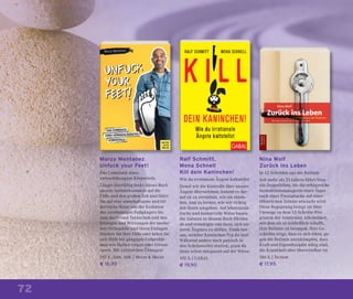 72
Marco Montanez
Unfuck your Feet!
Das Comeback eines
vernachlässigten Körperteils
Längst überfällig lenkt dieses Buch
unsere Aufmerksamkeit auf die
Füße und den großen Zeh und führt
Sie auf eine unterhaltsame und bil-
derreiche Reise von der Evolution
des zweibeinigen Fußgängers bis
zum modernen Turnschuh und den
Irrungen und Wirrungen der moder-
nen Orthopädie und ihren Einlagen.
Stärken Sie Ihre Füße oder holen Sie
sich Hilfe bei gängigen Fußproble-
men wie Hallux valgus oder Fersen-
sporn. Mit zahlreichen Übungen!
192 S., farb. Abb. | Meyer & Meyer
€ 16,95
Ralf Schmitt,
Mona Schnell
Kill dein Kaninchen!
Wie du irrationale Ängste kaltstellst
Damit wir die Kontrolle über unsere
Ängste übernehmen, kommt es dar-
auf an zu verstehen, wie sie entste-
hen, und zu lernen, wie wir richtig
mit ihnen umgehen. Auf lebensprak-
tische und humorvolle Weise bauen
die Autoren in diesem Buch Hürden
ab und ermutigen uns dazu, sich un-
seren Ängsten zu stellen. Finde her-
aus, welcher Kaninchen-Typ du bist!
Während andere noch panisch in
den Scheinwerfer starren, grast du
dann schon entspannt auf der Wiese.
192 S. | GABAL
€ 19,90
Nina Wolf
Zurück ins Leben
In 12 Schritten aus der Bulimie
Seit mehr als 25 Jahren führt Nina
ein Doppelleben, bis die erfolgreiche
Immobilienmanagerin eines Tages
nach einer Fressattacke auf einer
öffentlichen Toilette erwischt wird.
Diese Begegnung bringt sie über
Umwege zu dem 12-Schritte-Pro-
gramm der Anonymen Alkoholiker,
mit dem sie es schließlich schafft,
ihre Bulimie zu besiegen. Ihre Ge-
schichte zeigt, dass es sich lohnt, ge-
gen die Bulimie anzukämpfen, dass
Kraft und Eigendisziplin nötig sind,
die Krankheit aber überwindbar ist.
186 S. | Tectum
€ 17,95
 