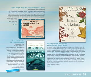 81sachbuch
Malachy Tallack, Katie Scott
Von Inseln, die keiner je fand
Sie heißen Atlantis und Thule, Kibu und Fusang. Schon der Klang ihrer Na-
men verzaubert. Doch niemand hat die sagenhaften Inseln je gefunden. Jahr-
hunderte lang glaubte man fest an ihre Existenz. Heute sind sie auf keiner
Seekarte mehr verzeichnet. Malachy Tallacks Entdeckungsreise führt zu den
merkwürdigsten Orten der Welt. Mit viel Witz und leidenschaftlicher Neugier
erkundet er zwei Dutzend Eilande rund um den Globus, von der Antike bis in
unsere Zeit. Er erzählt von versunkenen Reichen, betrügerischen Mönchen
und Paradiesen unter dem Wind. Die geheimnisvollen Inseln sind bloße
Schöpfungen der menschlichen Fantasie und haben doch in Mythen und Er-
zählungen überdauert. Den Atlas der imaginären Inseln, Legenden und Wun-
der hat die großartige Katie Scott fabelhaft illustriert und mit leuchtenden
Farben in Szene gesetzt.
144 S., farb. Abb. | Theiss
€ 28,–
Björn Berge, Atlas der verschwundenen Länder
Weltgeschichte in 50 Briefmarken
Seit Erﬁndung der Briefmarke im Jahr 1840 haben mehr als 1.000 Länder
ihre eigenen Postwertzeichen gedruckt. Die meisten dieser Staaten sind
längst von der Karte verschwunden, aber die Marken gibt es noch. Sie sind
Zeugnis ihrer früheren Existenz und zugleich eine Spur in die Vergangen-
heit. 50 Länder erweckt der Autor anhand von Dokumenten und Augenzeu-
genberichten wieder
zum Leben.
240 S., farb. Abb.
dtv
€ 26,–
Robert Hofrichter
Im Bann des Ozeans
Expeditionen in die
Wunderwelt der Tiefe
Robert Hofrichter ist Meeresforscher
und Biologe. Hier erzählt er die span-
nendsten Geschichten aus dem nas-
sen Kosmos, der die Erde umgibt.
Wir lesen von seltsamen Lebens-
entwürfen und sonderbaren
Sex-Praktiken in einem verbeulten
Ozean, lernen freundliche Haie und
übelgelaunte Delphine kennen, er-
fahren mehr über die Ungeheuer der
Tiefe und die Geschichte der Quellen
allen Lebens. Ein Buch, so aufregend
wie ein Tauchgang in die Tiefsee!
240 S., farb. Abb.
Gütersloher Verlagshaus
€ 20,–
erscheint am 26.03.18
 