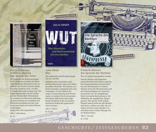 83geschichte / zeitgeschehen
Perry Anderson,
Suleiman Mourad
Das Mosaik des Islam
Im Gespräch mit seinem Kollegen
Perry Anderson zeichnet der Histo-
riker Suleiman Mourad hier die Ge-
schichte des Korans und des musli-
mischen Glaubens nach, von den
Anfängen bis in die heutige Zeit. Der
Bogen spannt sich von den Anfän-
gen des Korans über Mohammed,
die sunnitisch-schiitische Spaltung,
die Entwicklung des Dschihad und
Reformbestrebungen bis hin zum
modernen Islam und seinen Heraus-
forderungen.
Ruhig, klar und unparteilich.
160 S. | Berenberg
€ 22,–
Julia Ebner
Wut
Was Islamisten und Rechtsextreme
mit uns machen
Islamistischer Fanatismus und
Rechtsradikalismus sind zwei Seiten
derselben Medaille. Wie können wir
ihren Strategien entgegentreten und
verhindern, in eine Spirale der
Angst, Verunsicherung und Wut ge-
zogen zu werden? Die Extremismus-
forscherin Julia Ebner gibt tiefge-
hende Einblicke in die erstaunlich
ähnlichen Welten der gegensätzli-
chen Extreme.
320 S. | Theiss
€ 19,95
Frederik Weinert
Die Sprache der Rechten
Wie wir täglich manipuliert werden
Soziale Medien sind Popkultur
und politisches Instrument zugleich.
Der Kommunikationswissenschaft-
ler und Medienexperte Frederik
Weinert deckt die Mechanismen und
die Scheinheiligkeit des Nachrich-
tensystems auf. Als langjähriger
freier Journalist durchschaut er die
Methoden der angeblichen »Lügen-
presse«. Mit spitzer Feder nimmt
Weinert jedoch nicht nur die Medien
aufs Korn, sondern uns alle, die wir
immer krassere und schrillere Ge-
schichten lesen wollen: Manege frei
im Medienzirkus.
280 S. | Tectum
€ 17,95
erscheint im April 2018
erscheint im März 2018
 