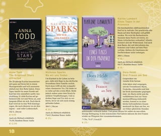 18
Nicholas Sparks
Wo wir uns finden
Um Klarheit in ihr Leben zu brin-
gen, zieht sich Hope in das idyllische
Strandhaus ihrer Familie zurück.
Doch dann trifft sie den sympathi-
schen Abenteurer Tru. Für beide ist
es Liebe auf den ersten Blick. Beide
jedoch stehen unter dem Druck fa-
miliärer Verpflichtungen. Und so
drohen Hope und Tru sich zu ver-
lieren, bevor sie sich noch richtig
gefunden haben …
384 S. | Heyne
€ 20,–
Auch als Hörbuch erhältlich:
7 h 43 | Random House Audio
€ 20,–
Karine Lambert
Eines Tages in der
Provence
Ein beschauliches südfranzösisches
Dorf ist in Aufruhr: Der prachtvolle alte
Baum auf dem Marktplatz soll gefällt
werden. Wo wird die Barbesitzerin
Suzanne dann Pastis servieren, wo
Manu Artischocken verkaufen? Allseits
formiert sich der Widerstand. Und auch
dem Baum, der seit Jahrzehnten das
Kommen und Gehen auf dem Platz
verfolgt, bleiben die Emotionen der
Dorfbewohner nicht verborgen.
208 S. | Diana
€ 18,–
Auch als Hörbuch erhältlich:
4 h 17 | Random House Audio
€ 18,–
Dora Heldt
Drei Frauen am See
Gesprochen von
Anneke Kim Sarnau
Zehn Jahre sind vergangen,
seit die Freundinnen Marie,
Frederike, Alexandra und Jule
im Streit auseinander gegangen
sind. Als Marie stirbt und die
verbliebenen Drei zur Testa-
mentseröffnung einbestellt
werden, kommt es zu einer
höchst befremdlichen Zusam-
menkunft im Haus am See, wo
sie früher glückliche Stunden
miteinander verbracht haben. Und genau diesen Ort sollen sie nun erben.
Einzige Bedingung: In den kommenden fünf Jahren müssen die drei Frauen
wieder an Pfingsten hier zusammenkommen.
7 CDs, 7 h 37 | GoyaLiT
€ 25,–
Anna Todd
The Brightest Stars
attracted
Die 20-jährige Karina konzentriert
sich ganz auf ihren Job in einem
Massagestudio und will ansonsten
einfach nur ihre Ruhe haben. Eines
Tages taucht ein neuer Kunde auf:
Kael hat eine unendlich sanfte Aus-
strahlung. Er zieht Karina auf ge-
heimnisvolle Art und Weise an, und
langsam öffnet sie sich. Doch durch
Kael wird sie in eine Welt hineinge-
zogen, die noch düsterer ist als ihre
eigene – und voller Leidenschaft.
352 S. | Heyne
€ 9,99
Auch als Hörbuch erhältlich:
7 h 18 | Random House Audio
€ 12,99
 