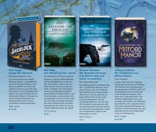 30
erscheint am 10.10.18
Elke Vogel
Clever wie Sherlock
Das große Denksport-Quiz
Er ist noch immer der Größte:
Sherlock Holmes – und natürlich
darf sein Side-Kick Watson nicht
fehlen. Inspiriert von ihren spe-
ziellen Denkleistungen lädt diese
Sammlung von 100 Aufgaben und
Rätseln aus allen Gebieten der de-
tektivischen Meister-Werkstatt zu
vielen Stunden Denksport ein.
Kongenial illustriert in einer
schmucken Geschenkschachtel.
Spiel | moses.
€ 14,95
Rob Reef
Das Rätsel von Ker Island
Ein Stableford-Krimi aus Cornwall
England, 1938: Der Multimillionär
Charles Tremayne ist verschwun-
den. Seine Spur verliert sich auf
einer kleinen Insel am Rande des
Scilly Archipels. Der Literaturpro-
fessor und Gelegenheitsdetektiv
John Stableford erhält die Bitte, sein
Verschwinden zu untersuchen. Die
Ermittlungen vor Ort erweisen sich
als schwierig. Dennoch steht bald
fest, dass Tremayne Ker nie leben-
dig verlassen hat. Doch war es ein
Unfall, Selbstmord oder gar Mord?
272 S. | Dryas
€ 12,–
Ricardo Salvador
Wie Madame Hortense
eine Million fand und
damit verschwand
Ein Normandie-Krimi
Eine Million Euro im Mülleimer fin-
den – für Putzfrau Hortense wird
dieser Traum wahr. Ihr Problem:
Das Geld hat der korrupte Kasino-
chef Lecroc verloren und ihm ist
jedes Mittel recht, um das Geld
zurückzubekommen. Für die
70-Jährige heißt das: Nix wie weg.
Mit Freundin Katia macht sie sich
aus dem Staub und nutzt die Flucht,
um sich einen lang gehegten Traum
zu verwirklichen: Crêpes in der
Normandie zu essen.
304 S. | Dryas
€ 11,–
Jessica Fellowes
Die Schwestern von
Mitford Manor
Unter Verdacht
London, 1920: Für die 19-jährige
Louisa geht ein Traum in Erfüllung.
Sie bekommt eine Anstellung bei
den glamourösen Mitfords und wird
Anstandsdame und Vertraute der
sechs Töchter des Hauses, allen
voran der 17-jährigen Nancy. Als
Florence Nightingale Shore, eine
Freundin der Familie, am helllichten
Tag ermordet wird, beginnen Nancy
und Louisa eigene Ermittlungen an-
zustellen. Schnell erkennen sie, dass
nach den Wirren des Krieges jeder
etwas zu verbergen hat.
496 S. | Pendo
€ 16,99
 