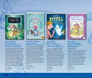 46
Alex Rühle,
Axel Scheffler
Zippel, das wirklich
wahre Schlossgespenst
Zippel ist ein kleines Schlossge-
spenst, das bei Paul und seinen
Eltern lebt – im Türschloss der
Altbauwohnung. Am Tag nach den
Sommerferien hat Paul ihn dort ent-
deckt, und damit geht die lustigste
Zeit seines Lebens los, denn Zippel
hat ständig Quatsch im Kopf. Ohne
Zippel kann Paul sich ein Leben
schon bald nicht mehr vorstellen.
Doch dann soll das Türschloss
ausgetauscht werden und Zippels
Zuhause ist plötzlich in Gefahr.
Ab 6 Jahren.
144 S. | dtv
€ 12,95
Katja Alves,
Marta Balmaseda
Die kleine Eulenhexe –
Willkommen im
Zauberwald
Die kleine Hexe Petunia staunt nicht
schlecht, als eines Tages sieben klei-
ne Eulen vor ihrer Baumhaus-Tür
stehen. Mit dabei eine Botschaft von
Tante Aurora: Wenn Petunia es
schafft, die sieben Rotzschnäbelchen
zu wohlerzogenen kleinen Eulen zu
erziehen, dann bekommt sie das be-
rühmte Eulenhexen-Diplom. Und
das will Petunia natürlich unbe-
dingt! Aber eine leichte Aufgabe ist
das nicht…
Ab 4 Jahren.
144 S. | Arena
€ 13,–
Alexandra Maxeiner
Karlas ziemlich
fabelhafter Glücksplan
Karla ist felsenfest davon überzeugt,
dass sie im Notfall zaubern kann.
Zumindest, wenn es einen magi-
schen Moment gibt. Als Karlas Bru-
der Jonas dringend Hilfe gegen den
Miesen-fiesen-Finn braucht und der
Hausmeister droht, Karlas Familie
aus der Wohnung zu werfen,
schmiedet Karla einen fabelhaften
Plan: Sie wird die Dinge selbst in die
Hand nehmen. Doch dabei geht eini-
ges schief und das Chaos nimmt sei-
nen Lauf.
Ab 8 Jahren.
224 S. | Gulliver
€ 12,95
Bernd Flessner,
Peter Schilling
Der kleine Major Tom –
Verloren im Regenwald
Zum Abheben gut! Bei einem Testflug
reisen der kleine Major Tom, seine
Astronautenfreundin Stella und Ro-
boterkatze Plutinchen mit ihrem
Raumschiff in den Regenwald. Ehr-
furchtsvoll bestaunen sie zusammen
mit ihrem Freund Daniel die riesigen
Bäume und lernen Spannendes über
die Tier- und Pflanzenwelt des Regen-
waldes. Plötzlich jedoch ist Daniel
verschwunden! Ob die Drei ihn mit
Hilfe von Plutinchens Geruchssensor
und ihren Astrofonen wieder finden?
Ab 7 Jahren.
72 S. | Tessloff
€ 8,95
 
